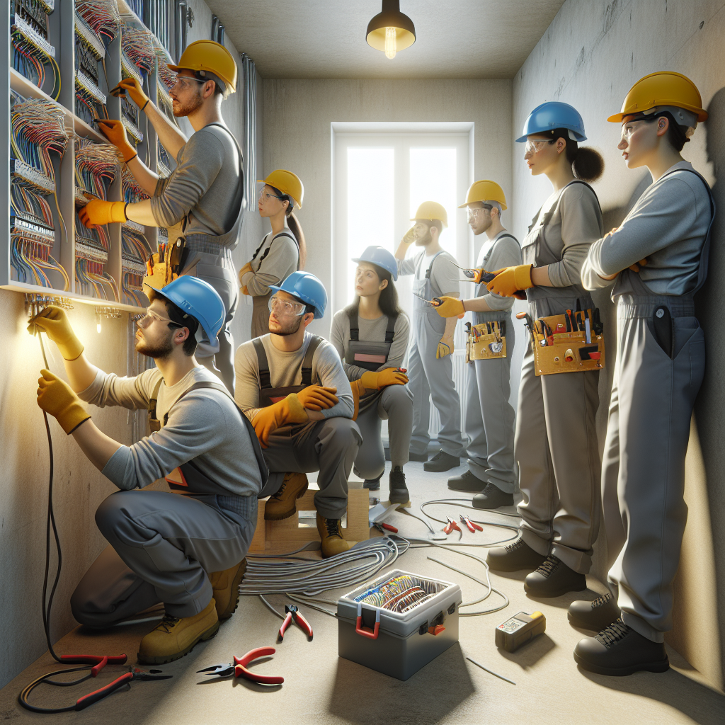 Realistic stock image of electricians installing wiring.